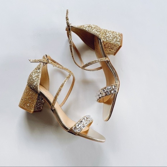 NEW Jewel By Badgley Mischka Women's Glitter Low Block Gold High Heel Sandal 5.5 - Picture 4 of 10